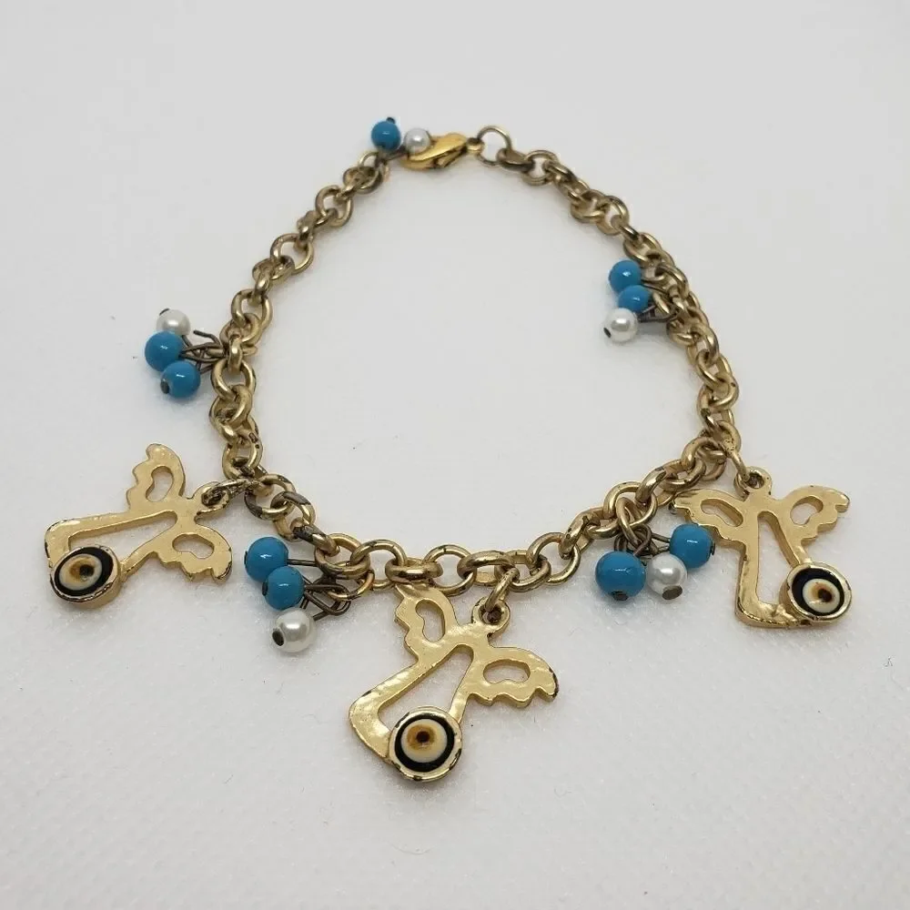 Evil Eye Angel Gold Tone Charm Pendant Bracelet